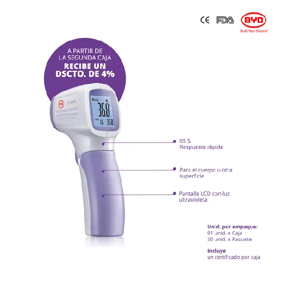 BYD TERMOMETRO INFRAROJO DIGITAL ASTM E1965-98 EN980 EN1041 EN60601 CE (1caja=1unid)